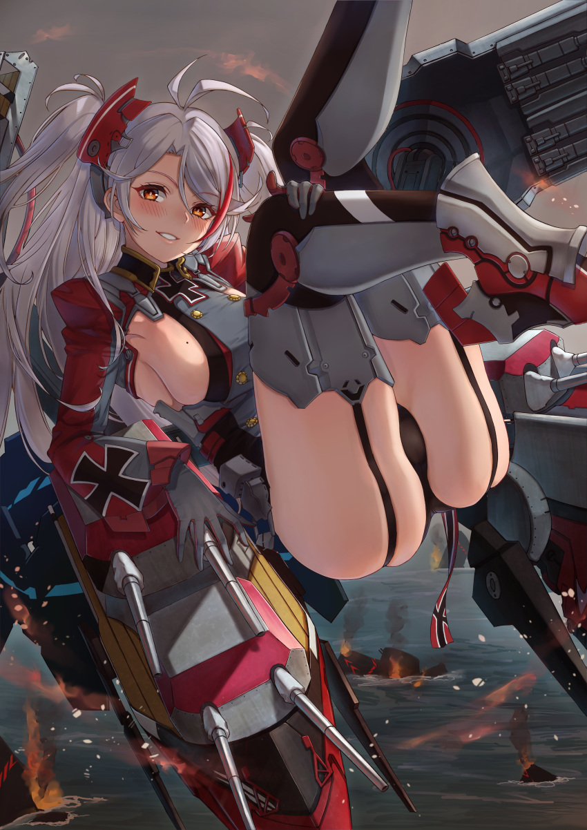 1girl absurdres antenna_hair armpit_cutout azur_lane bangs blush boots breasts brown_eyes cannon eyebrows_visible_through_hair floating garter_straps gloves grin hair_between_eyes hand_on_own_knee headgear highres iron_cross kent0320 large_breasts legs_up leotard long_hair long_sleeves looking_at_viewer mole mole_on_breast multicolored_hair outdoors parted_lips prinz_eugen_(azur_lane) redhead rigging rudder_footwear silver_hair smile solo streaked_hair thigh-highs two_side_up very_long_hair