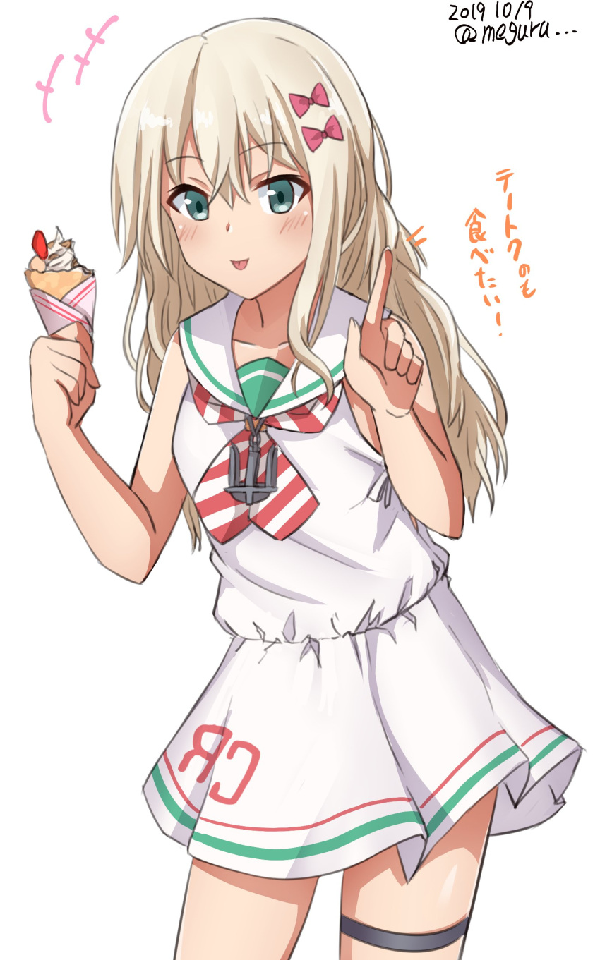 1girl absurdres blonde_hair bow clothes_removed commentary_request contrapposto crepe dated dress food grecale_(kantai_collection) green_eyes hair_bow hair_ornament hairclip highres index_finger_raised kantai_collection leaning_forward long_hair looking_at_viewer meguru_(megurunn) neckerchief sailor_collar sailor_dress simple_background sleeveless sleeveless_dress solo striped striped_neckwear tongue tongue_out translated twitter_username white_background white_dress white_sailor_collar