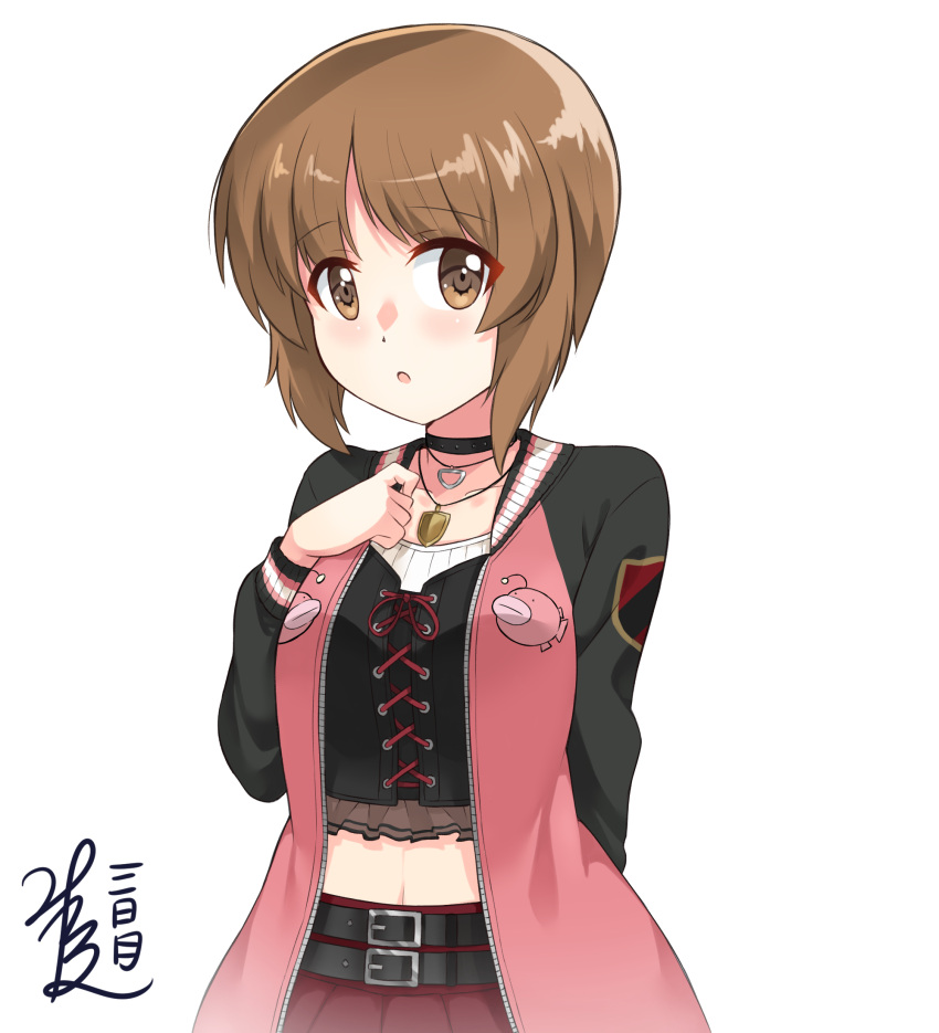 1girl :o anglerfish arm_support artist_name bangs belt black_belt black_choker black_shirt blush brown_eyes brown_hair casual choker emblem eyebrows_visible_through_hair far_is_a girls_und_panzer hand_on_own_chest highres jacket jewelry lace-up_top looking_at_viewer midriff navel necklace nishizumi_miho open_clothes open_jacket open_mouth pink_jacket pleated_skirt purple_skirt raglan_sleeves shirt short_hair signature skirt solo standing