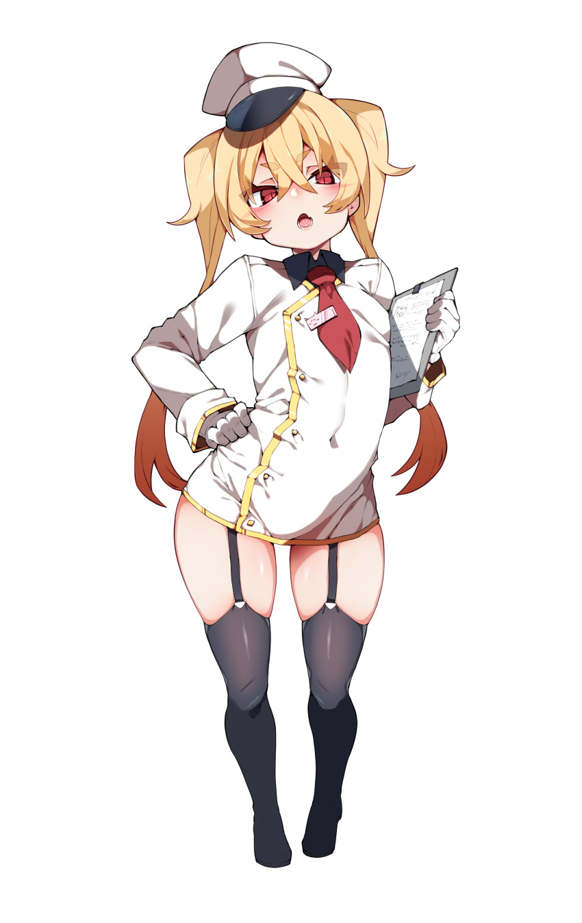 1girl absurdres black_collar blonde_hair clipboard collar fang flat_chest garter_straps gloves hat highres kz_oji long_sleeves necktie original red_eyes red_neckwear solo uniform white_gloves white_headwear