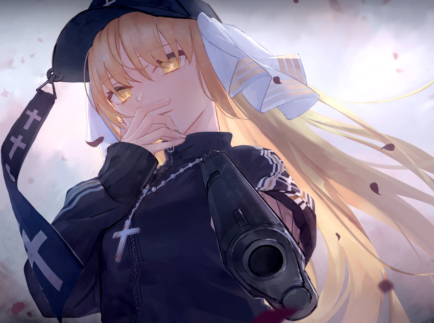 1girl absurdres bangs baseball_cap black_headwear blurry_foreground covering_mouth grin gun handgun hat highres holding holding_gun holding_weapon huge_filesize light_brown_hair long_hair long_sleeves looking_at_viewer nijisanji pistol ribbon rosary sister_cleaire smile solo t6_ti upper_body virtual_youtuber weapon white_ribbon yellow_eyes zipper zipper_pull_tab