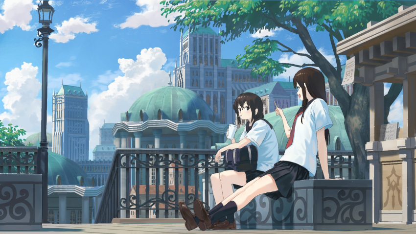 2girls :d arm_support bag bendy_straw black_eyes black_hair black_legwear black_sailor_collar black_skirt blue_sky blush brown_footwear brown_hair building cathedral clouds cloudy_sky commentary_request cup day disposable_cup drinking drinking_straw highres holding holding_cup lamppost loafers long_hair looking_at_another multiple_girls necktie open_mouth original outdoors pleated_skirt railing red_neckwear sailor_collar school_bag school_uniform serafuku shirt shoe_soles shoes short_sleeves sitting skirt sky smile socks tree wasabi60 white_shirt