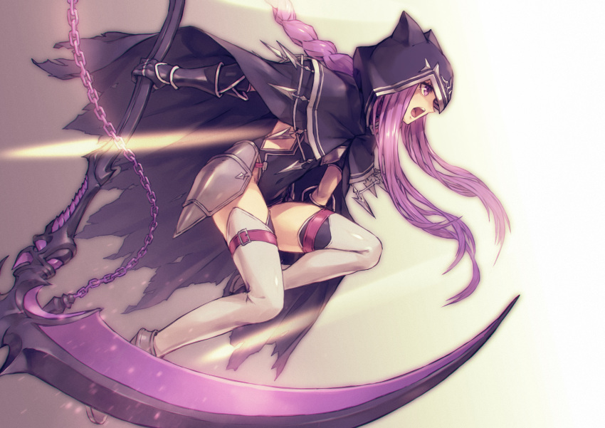 1girl armor black_cape black_capelet black_gloves black_leotard braid breastplate cape capelet chain commentary_request covered_navel fate/grand_order fate_(series) gloves highres hood jumping leotard long_braid long_hair medusa_(lancer)_(fate) open_mouth ponytail purple_hair scythe solo thigh-highs thigh_strap thighs very_long_hair violet_eyes weapon white_legwear