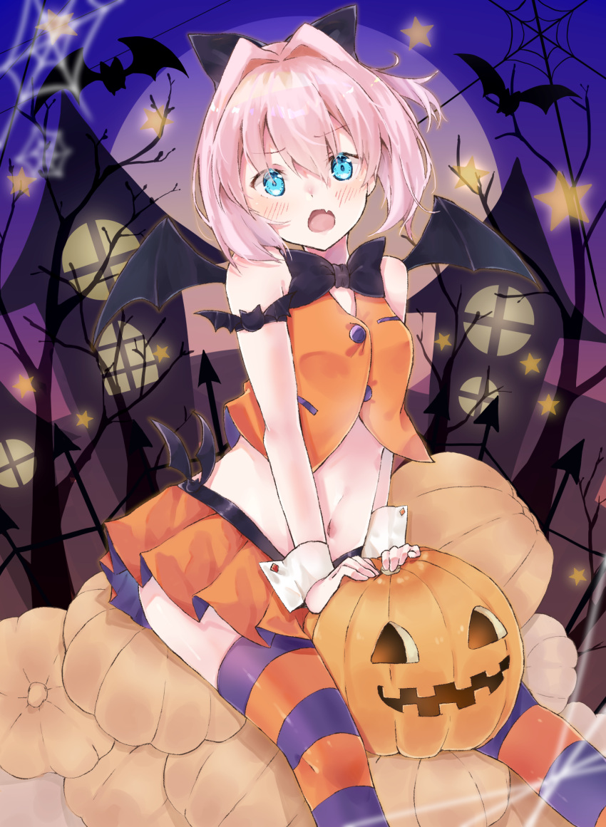 1girl alternate_costume bat bat_wings black_bow blue_eyes blush bow bowtie breasts buttons crop_top eyebrows_visible_through_hair fang hair_ornament hair_ribbon halloween halloween_costume highres jack-o'-lantern kantai_collection looking_at_viewer open_mouth pink_hair ponytail pumpkin ribbon shiranui_(kantai_collection) short_hair sitting skirt small_breasts solo thigh-highs u_yuz_xx wings wrist_cuffs