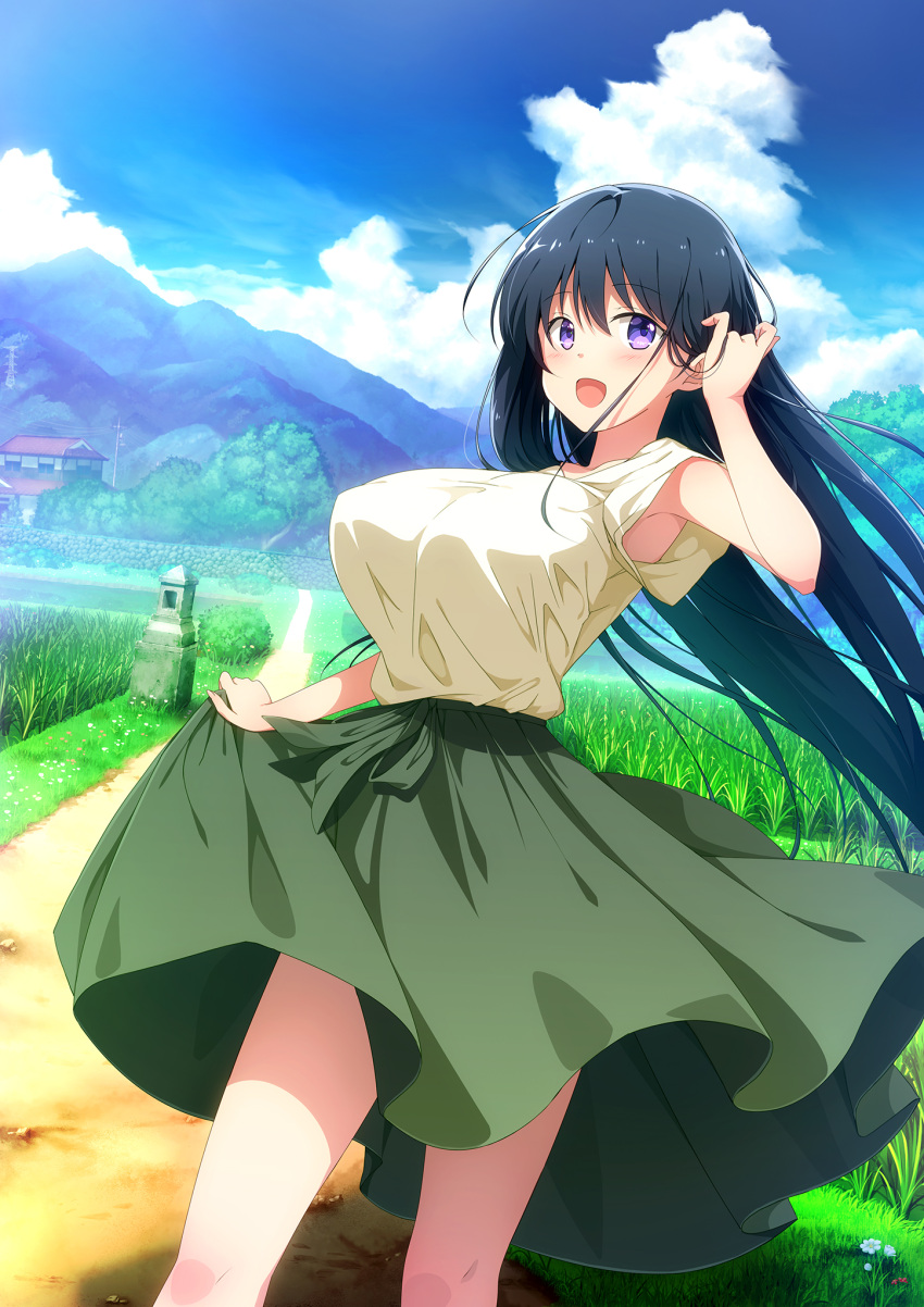 1girl architecture arm_up bangs black_hair blue_sky breasts clouds dirt_road east_asian_architecture emoi_do eyebrows_visible_through_hair field flower grass green_skirt hair_blowing hand_in_hair highres holding_skirt house large_breasts long_hair mountain original outdoors path power_lines power_pole rice_paddy road shirt short_sleeves skirt sky smile solo standing stone_wall summer tree violet_eyes wall yellow_shirt