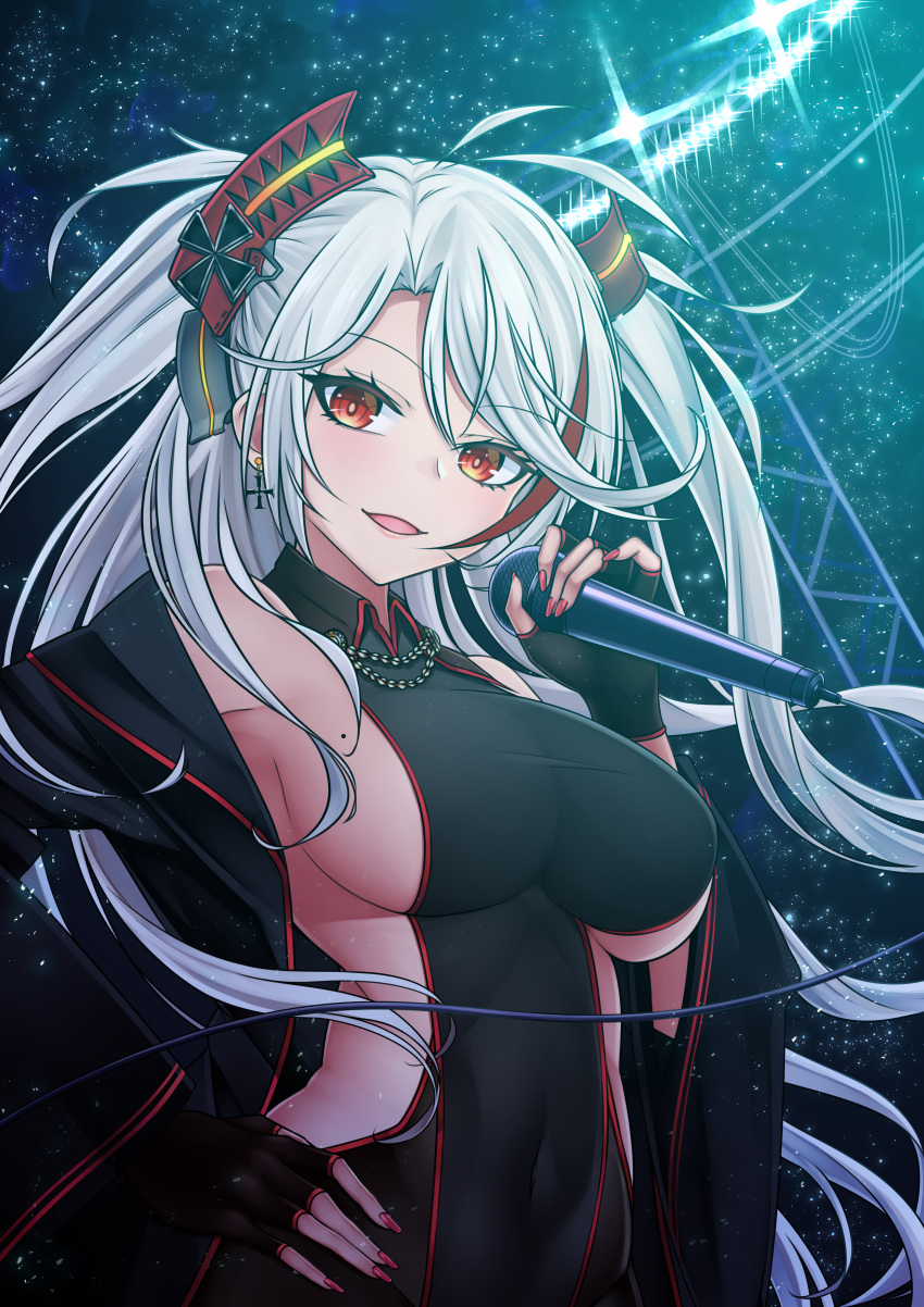 1girl absurdres antenna_hair artist_request azur_lane bangs black_gloves blush breasts brown_eyes commentary_request covered_navel cross cross_earrings earrings eyebrows_visible_through_hair fingerless_gloves floating_hair gloves hair_between_eyes hand_on_hip head_tilt headgear highres holding holding_microphone jewelry large_breasts long_hair looking_at_viewer microphone mole mole_on_breast multicolored_hair open_mouth prinz_eugen_(azur_lane) red_nails redhead sideboob silver_hair skindentation smile solo streaked_hair swept_bangs two_side_up very_long_hair
