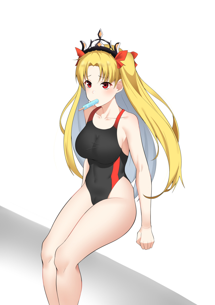1girl absurdres bangs bare_arms bare_shoulders black_swimsuit blonde_hair blush breasts collarbone commentary earrings ereshkigal_(fate/grand_order) eyebrows_visible_through_hair fate/grand_order fate_(series) highres ice in_mouth jewelry long_hair looking_at_viewer parted_bangs red_eyes ribbon sang4521 sitting solo swimsuit tiara two_side_up
