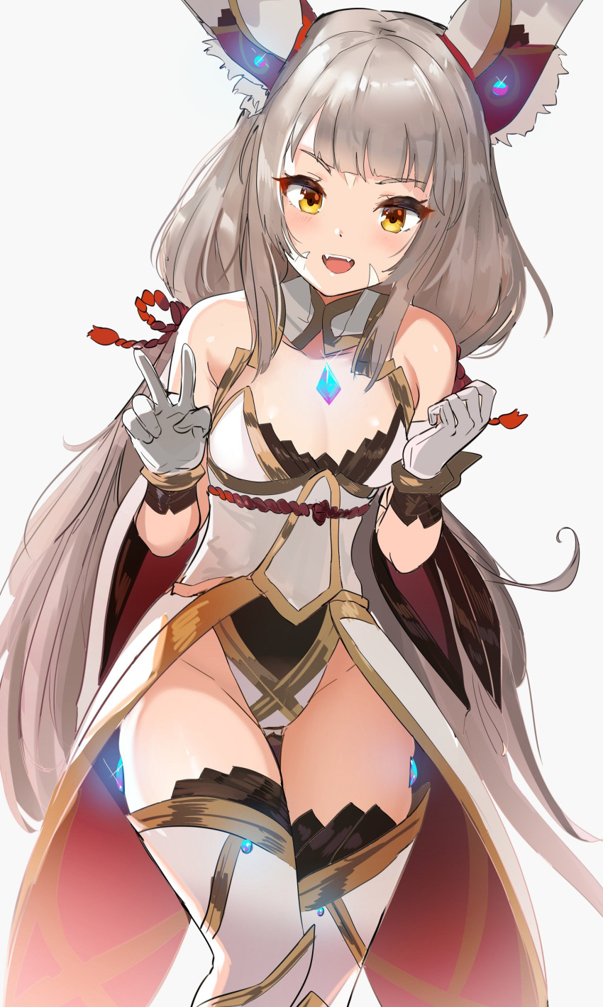 1girl absurdres animal_ears bangs bare_shoulders blunt_bangs blush breasts cat_ears coattails fangs gem gloves grey_hair highleg highleg_leotard highres leotard long_hair looking_at_viewer low_twintails medium_breasts niyah niyah_(blade) open_mouth ormille simple_background smile solo spoilers thigh-highs twintails v very_long_hair white_background white_gloves white_legwear white_leotard xenoblade_(series) xenoblade_2 yellow_eyes