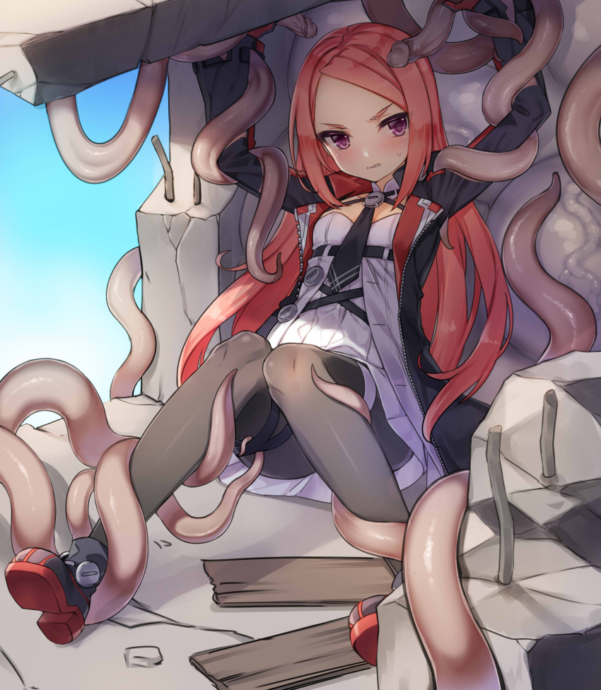 1girl arms_up bike_shorts black_legwear blush breasts closers highres jacket kuro_(kuronell) long_hair looking_at_viewer luna_aegis_(closers) necktie open_clothes open_jacket redhead restrained ruins sitting small_breasts solo sweatdrop tentacles thigh-highs thigh_strap very_long_hair violet_eyes