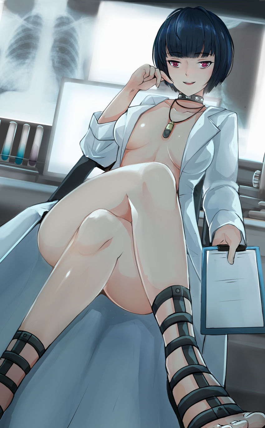 1girl bangs black_hair breasts brown_eyes choker clipboard collarbone commission crossed_legs eyebrows eyebrows_visible_through_hair highres jewelry labcoat looking_at_viewer medium_breasts naked_labcoat necklace no_bra nonoririn open_mouth persona persona_5 red_eyes sandals short_hair sitting solo takemi_tae test_tube x-ray