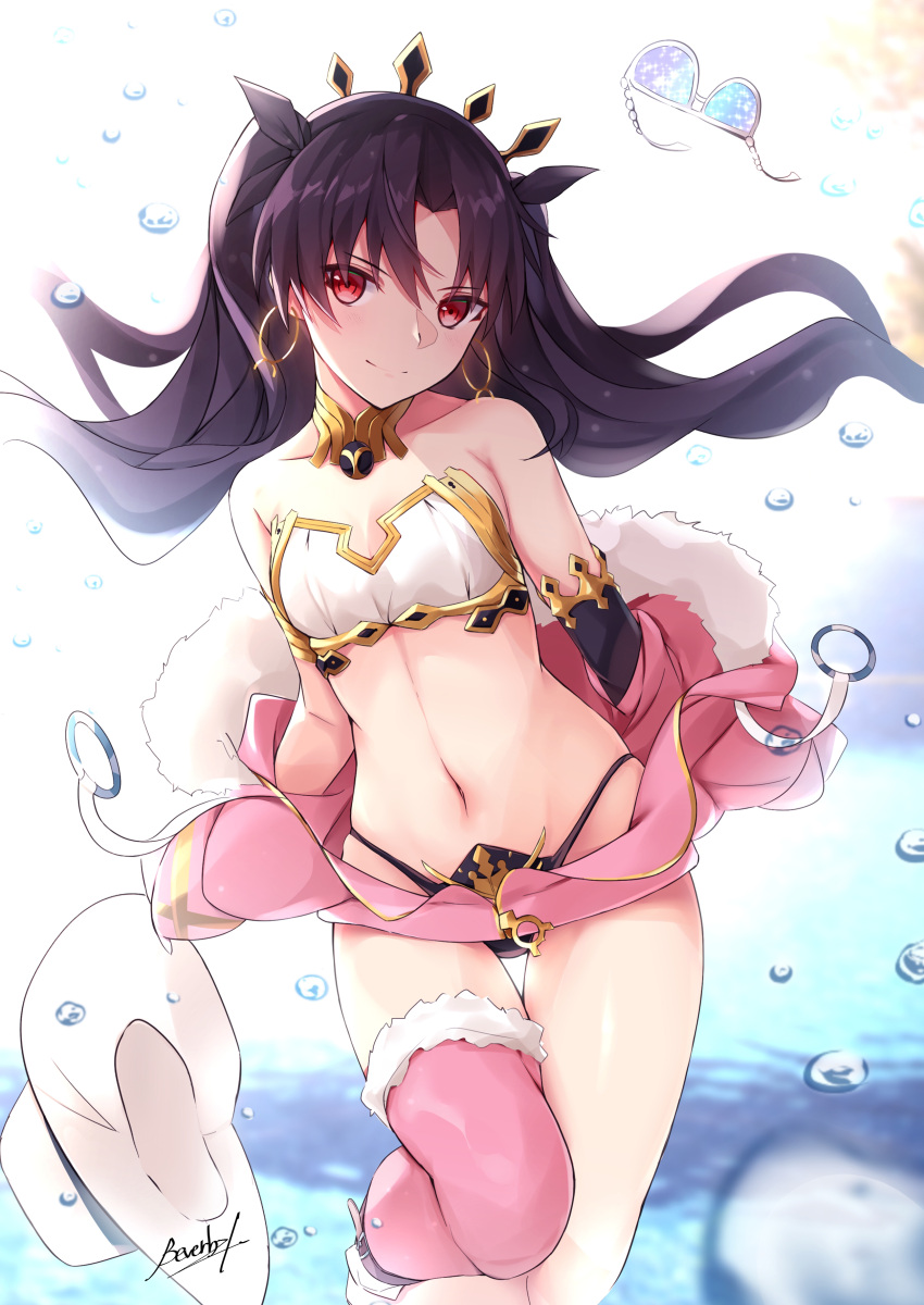 1girl absurdres bangs bare_shoulders bee_doushi bikini black_bikini_bottom black_hair black_legwear black_ribbon blush closed_mouth collar collarbone commentary_request earrings eyebrows_visible_through_hair eyewear_removed fate/grand_order fate_(series) fur-trimmed_jacket fur_trim hair_ribbon highres hoop_earrings ishtar_(fate/grand_order) jacket jewelry long_hair long_sleeves looking_at_viewer mismatched_bikini navel off_shoulder open_clothes open_jacket pink_jacket red_eyes ribbon signature single_thighhigh smile solo standing standing_on_one_leg stomach sunglasses swimsuit thigh-highs thigh_gap tohsaka_rin toosaka_rin two_side_up type-moon ufotable very_long_hair water_drop white-framed_eyewear white_bikini_top
