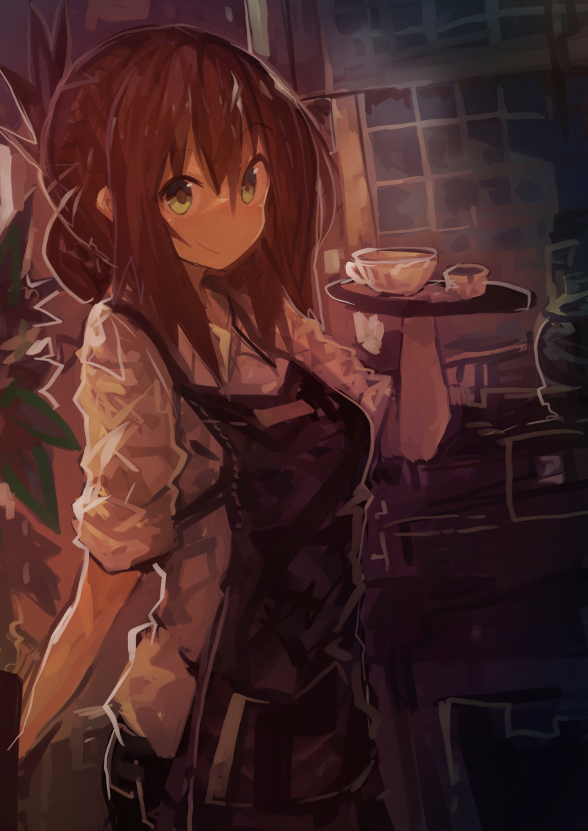 1girl absurdres alternate_costume apron arm_at_side bangs brown_hair cafe cowboy_shot cup dress_shirt eyebrows_visible_through_hair folded_ponytail hair_between_eyes highres holding inazuma_(kantai_collection) kaamin_(mariarose753) kantai_collection shirt short_sleeves sidelocks smile solo waitress white_shirt yellow_eyes