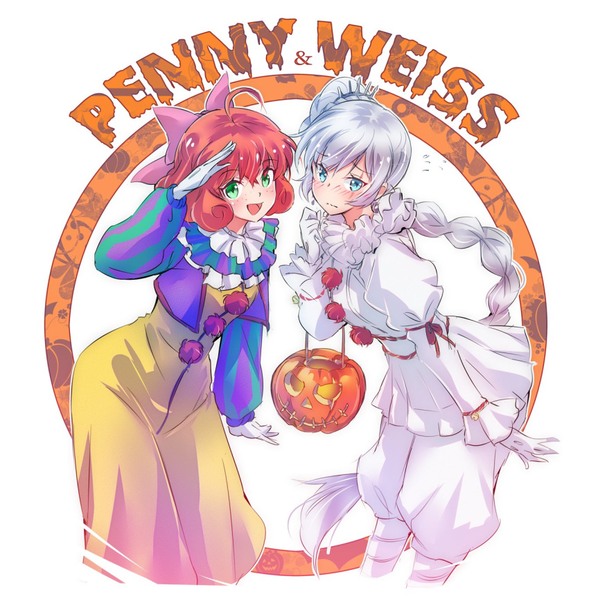 2girls balloon blue_eyes clown curly_hair freckles green_eyes highres iesupa it_(stephen_king) long_hair multiple_girls neck_ruff orange_hair parody penny_polendina ponytail pun rwby scar scar_across_eye short_hair side_ponytail weiss_schnee white_hair