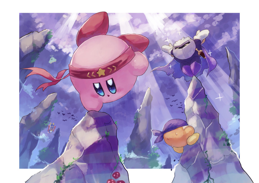 absurdres bandana bandana_waddle_dee cape clouds cloudy_sky falling handstand headband highres king_dedede kirby kirby's_return_to_dream_land kirby_(series) mask meta_knight outstretched_arms pose rock scabbard sheath shiburingaru sky sparkle star sunlight sword tiptoes training upside-down weapon