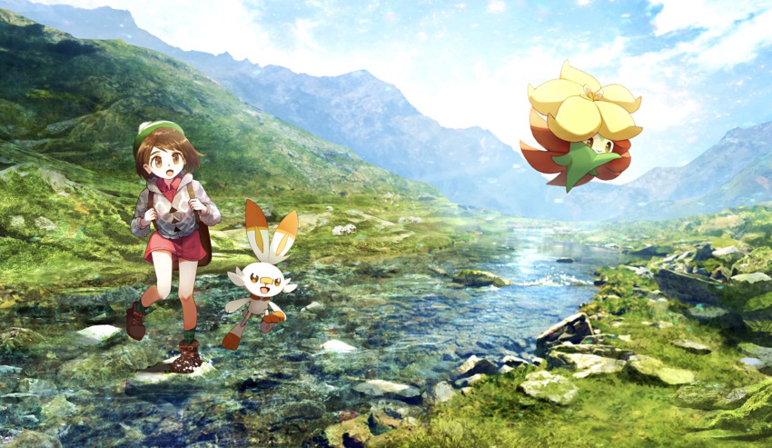 1girl ankle_boots backpack bag boots brown_hair clouds commentary female_protagonist_(pokemon_swsh) gossifleur highres knees_together_feet_apart mountain nature open_mouth outdoors pokemon pokemon_(creature) pokemon_(game) pokemon_swsh ribero rock scenery scorbunny short_hair sky standing standing_on_one_leg stream tam_o'_shanter water