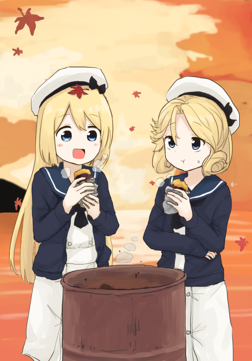 2girls adapted_costume bangs black_cardigan blonde_hair blue_eyes blue_sailor_collar cardigan cowboy_shot dress drum_(container) food gloves hat highres janus_(kantai_collection) jervis_(kantai_collection) kantai_collection long_hair multiple_girls open_mouth orange_sky outdoors parted_bangs sailor_collar sailor_dress sailor_hat short_hair sky spica1476 sweet_potato white_dress white_gloves white_headwear