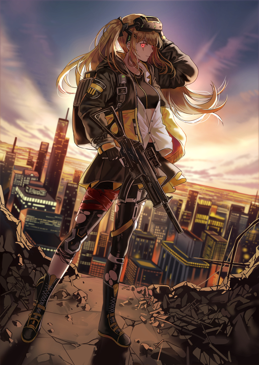 absurdres backlighting bangs black_legwear blush breasts brown_hair cityscape commentary eyewear_on_head fingerless_gloves full_body girls_frontline gloves goggles gun h&amp;k_ump h&amp;k_ump9 hair_between_eyes hair_ornament hairclip highres holding holding_gun holding_weapon huge_filesize jacket long_hair looking_at_viewer mod3_(girls_frontline) outdoors pantyhose red_eyes ribbon scar scar_across_eye shirt silence_girl skirt smile submachine_gun sunlight tactical_clothes torn_clothes torn_legwear trigger_discipline twintails ump9_(girls_frontline) weapon white_shirt