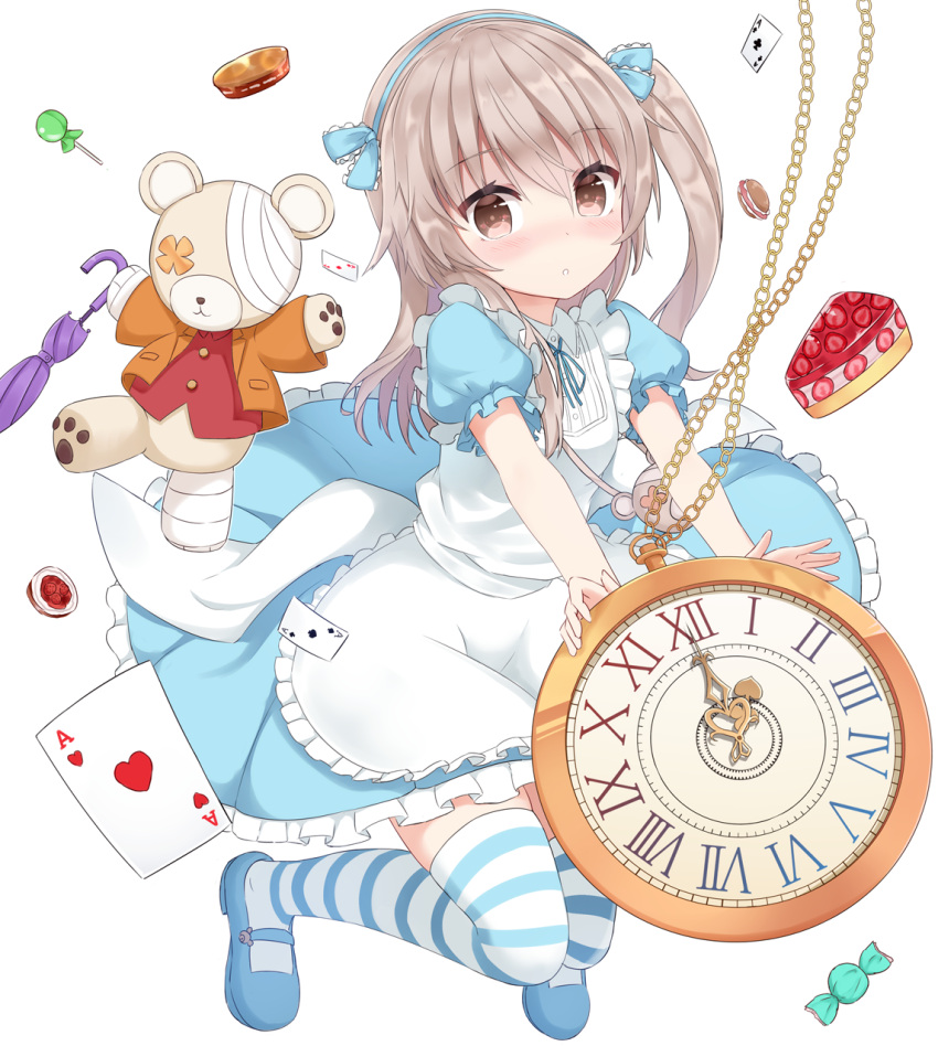 1girl :o alice_(wonderland) alice_(wonderland)_(cosplay) alice_in_wonderland apron bandages bangs blue_dress blue_footwear blue_legwear blue_neckwear blue_ribbon blush brown_eyes candy card collared_dress commentary cosplay dress eyebrows_visible_through_hair floating food frilled_apron frilled_dress frilled_sleeves frills full_body girls_und_panzer hair_ribbon highres holding holding_stuffed_animal light_brown_hair lollipop long_hair looking_at_viewer macaron mary_janes medium_dress neck_ribbon one_side_up parted_lips pie playing_card pocket_watch puffy_short_sleeves puffy_sleeves ribbon shimada_arisu shoes short_sleeves shuuichi_(gothics) solo stuffed_animal stuffed_toy teddy_bear thgjexe umbrella watch white_apron