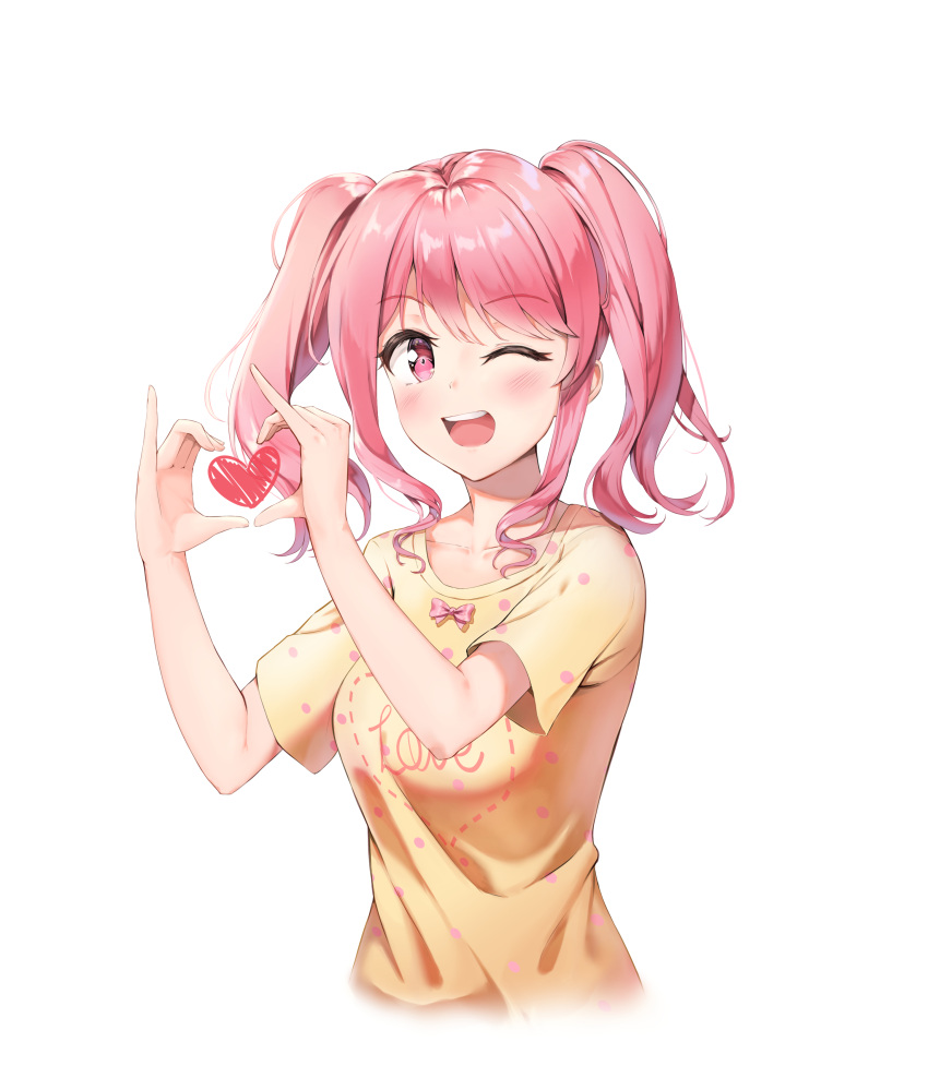 1girl absurdres bang_dream! bangs blush commentary_request eyebrows_visible_through_hair heart highres looking_at_viewer maruyama_aya medium_hair one_eye_closed open_mouth orange_shirt pink_eyes pink_hair qoray7 shirt short_sleeves simple_background smile twintails upper_body white_background