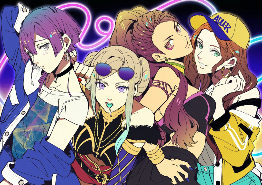 4girls alternate_costume arm_up baseball_cap belt bernadetta_von_varley blonde_hair bracelet brown_hair closed_mouth dorothea_arnault earrings edelgard_von_hresvelg eyewear_on_head facial_mark fire_emblem fire_emblem:_three_houses from_side green_eyes grey_eyes hat highres jacket jewelry long_sleeves looking_to_the_side multiple_girls nail_polish oragamura999 parted_lips petra_macneary ponytail purple_hair short_hair short_sleeves simple_background sunglasses violet_eyes