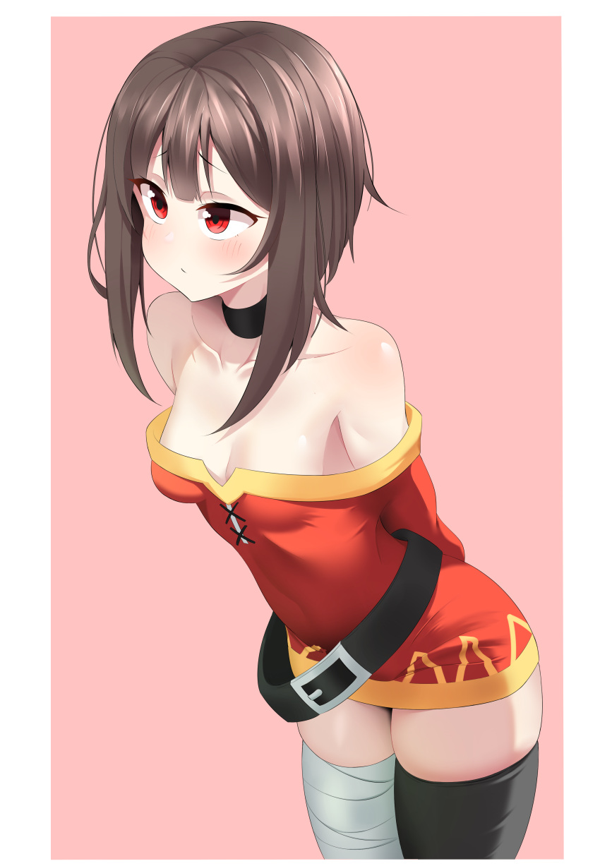 1girl absurdres arms_behind_back bandaged_leg bandages bare_shoulders beige_background belt black_belt black_legwear blush breasts brown_hair collarbone commentary dress eyebrows_visible_through_hair highres kono_subarashii_sekai_ni_shukufuku_wo! medium_hair megumin no_nose red_dress red_eyes sang4521 simple_background small_breasts solo thigh-highs