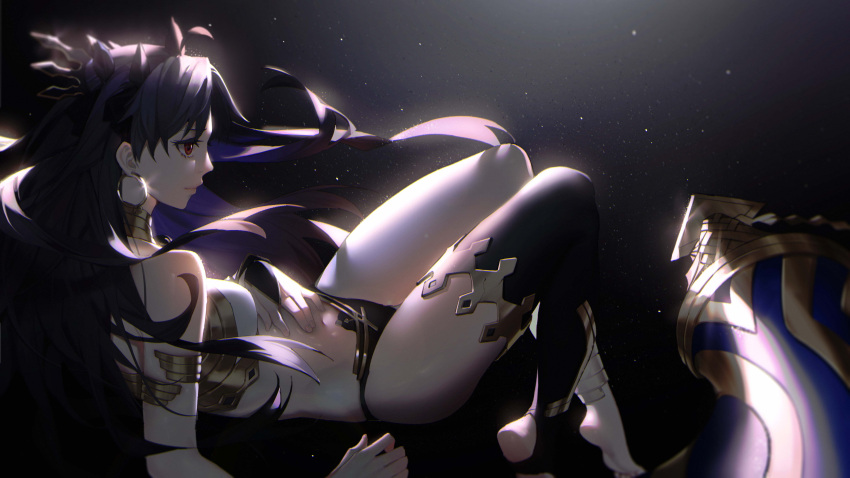 1girl absurdres anklet armlet asymmetrical_legwear bangs bare_shoulders black_hair breasts bridal_gauntlets crown detached_collar earrings elbow_gloves fate/grand_order fate_(series) floating gloves hair_ribbon heavenly_boat_maanna highres hoop_earrings ishtar_(fate/grand_order) jewelry koi_han long_hair medium_breasts neck_ring parted_bangs pelvic_curtain red_eyes ribbon single_elbow_glove single_thighhigh smile solo thigh-highs toeless_legwear two_side_up weapon