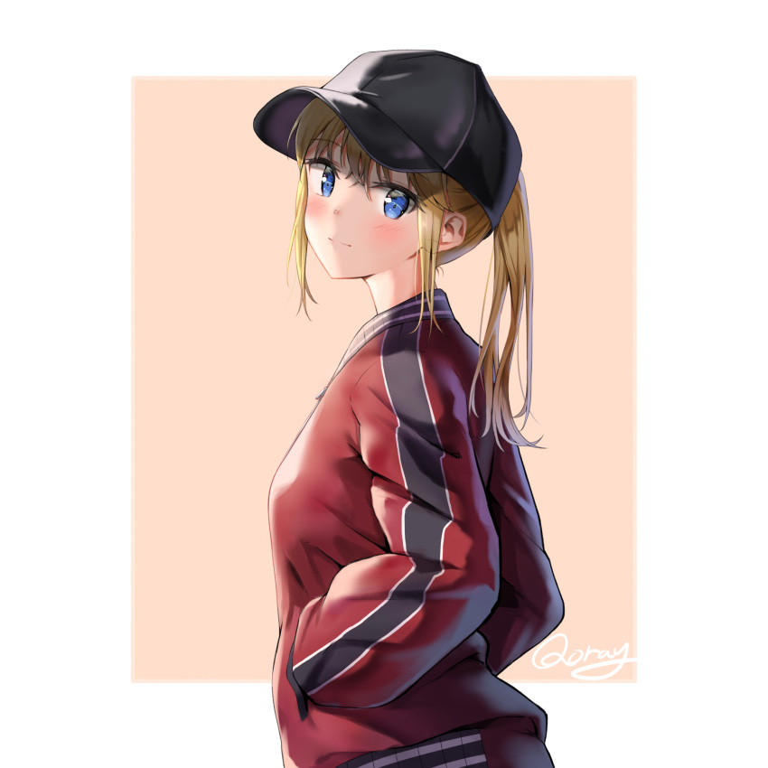 1girl black_headwear blonde_hair blue_eyes blush commentary_request from_side hat highres jacket jersey long_hair original ponytail qoray7 red_jacket smile solo track_jacket track_suit upper_body