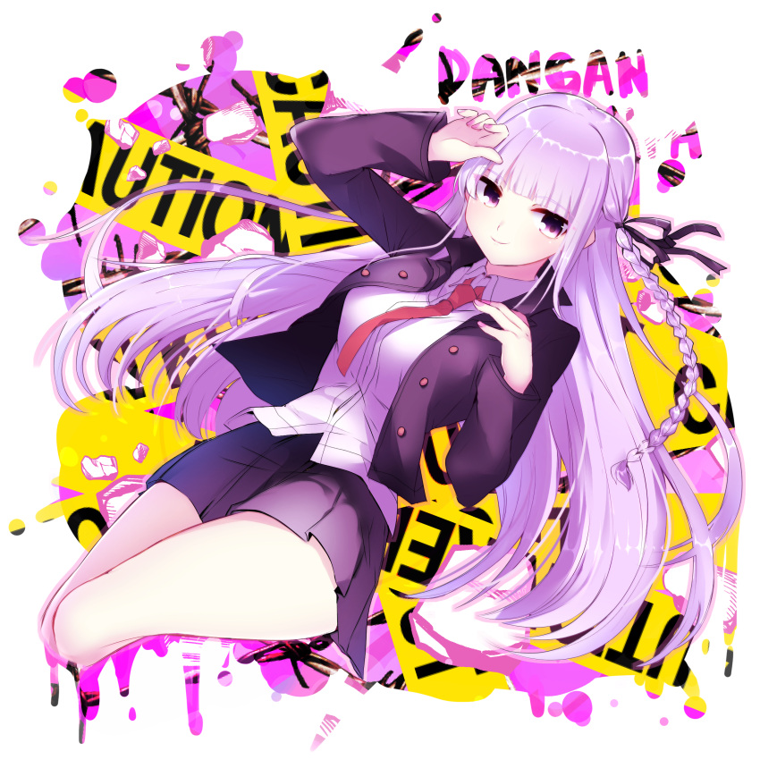 1girl black_ribbon braid breasts commentary_request copyright_name dangan_ronpa dangan_ronpa_1 enperaa hair_ornament hair_ribbon highres jacket kirigiri_kyouko large_breasts long_hair looking_at_viewer necktie purple_hair ribbon school_uniform side_braid single_braid skirt smile solo violet_eyes