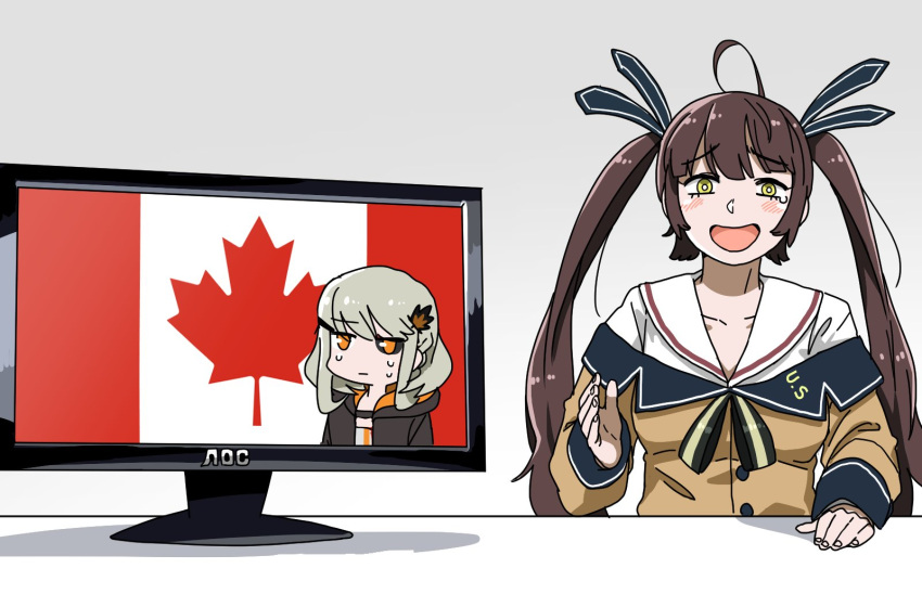 2girls black_sclera brown_hair brown_shirt canada cybernetic_eye girls_frontline highres jacket long_hair looking_at_viewer m14_(girls_frontline) meme mismatched_sclera multiple_girls open_mouth shirt simple_background tac-50_(girls_frontline) twintails yellow_eyes