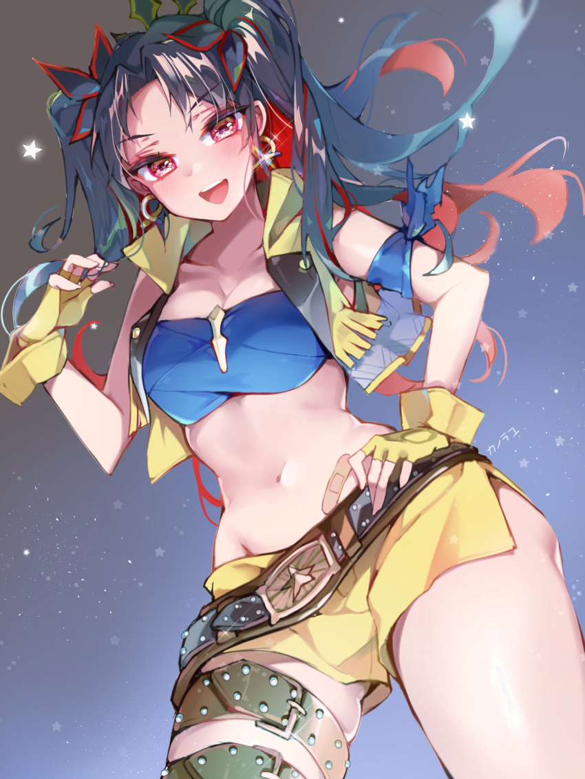 1girl absurdres bare_shoulders belt black_belt crop_top cropped_vest fate/grand_order fate_(series) fringe_trim gloves grey_hair highres ishtar_(fate/grand_order) kanola_u long_hair multicolored_hair navel night night_sky open_clothes red_eyes redhead ribbon shorts sky space_ishtar_(fate) star streaked_hair thigh_strap tiara tohsaka_rin toosaka_rin two_side_up type-moon ufotable vest yellow_gloves yellow_shorts yellow_vest