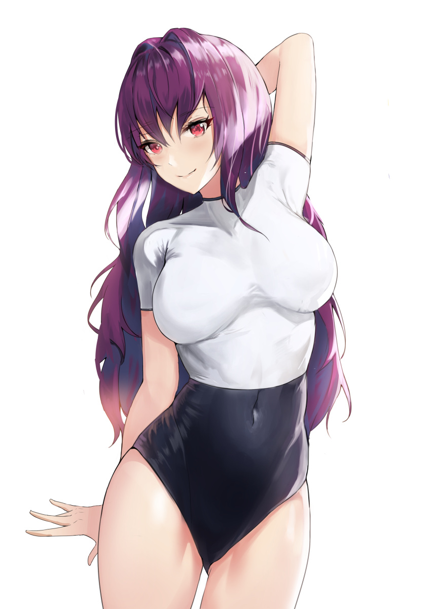 1girl absurdres arm_behind_head arm_up bangs black_leotard blush breasts closed_mouth covered_navel fate/grand_order fate_(series) hair_intakes highleg highleg_leotard highres large_breasts leotard long_hair looking_at_viewer manu_(pixiv41646715) purple_hair red_eyes scathach_(fate)_(all) scathach_(fate/grand_order) shirt short_sleeves simple_background smile solo thighs white_background white_shirt