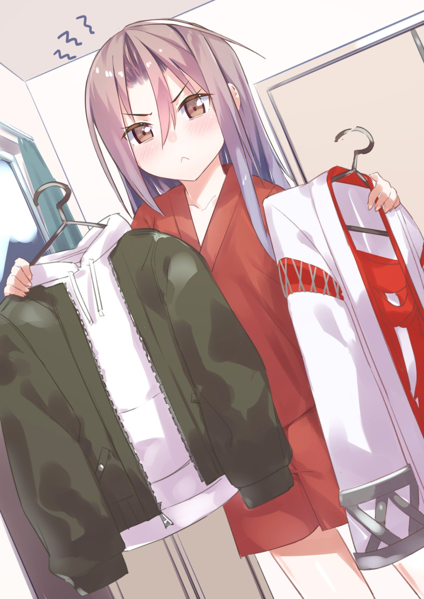 1girl :&lt; clothes_hanger door flat_chest frustrated gedoo_(gedo) grey_hair highres holding_clothes hood hoodie jacket japanese_clothes kantai_collection kimono long_hair red_shorts shorts zipper zuihou_(kantai_collection)