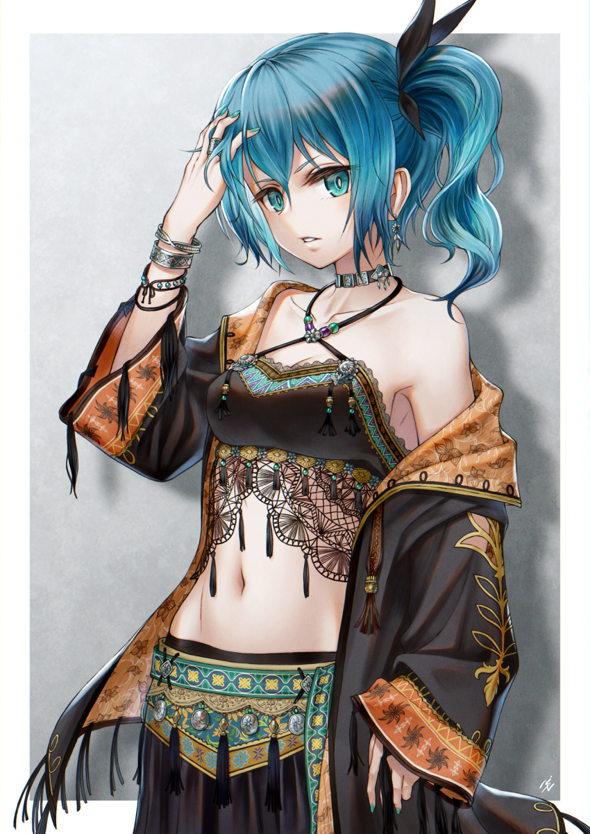 1girl black_bow blue_hair blue_nails bow bracelet breasts choker earrings fantasy grey_background hair_bow halterneck highres jewelry looking_at_viewer medium_breasts medium_hair midriff nail_polish navel original ring shadow sho_(sumika) side_ponytail solo standing