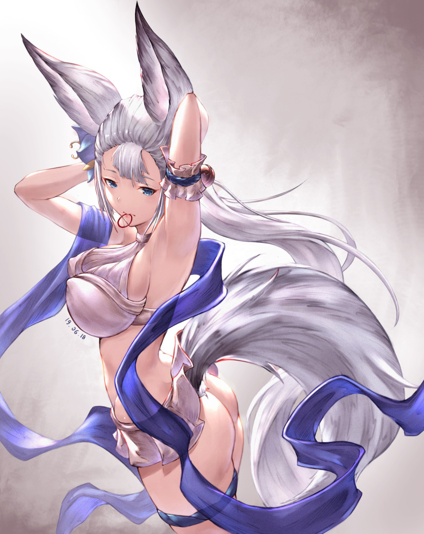 1girl absurdres animal_ears arm_garter armpits arms_up ass bangs bell blue_eyes blue_flower blue_ribbon breasts covered_nipples dated erune flower fox_ears fox_tail granblue_fantasy hair_flower hair_ornament hair_tie highres jingle_bell large_breasts lips long_hair looking_at_viewer mouth_hold ribbon silver_hair simple_background socie_(granblue_fantasy) solo standing swimsuit tail tying_hair very_long_hair