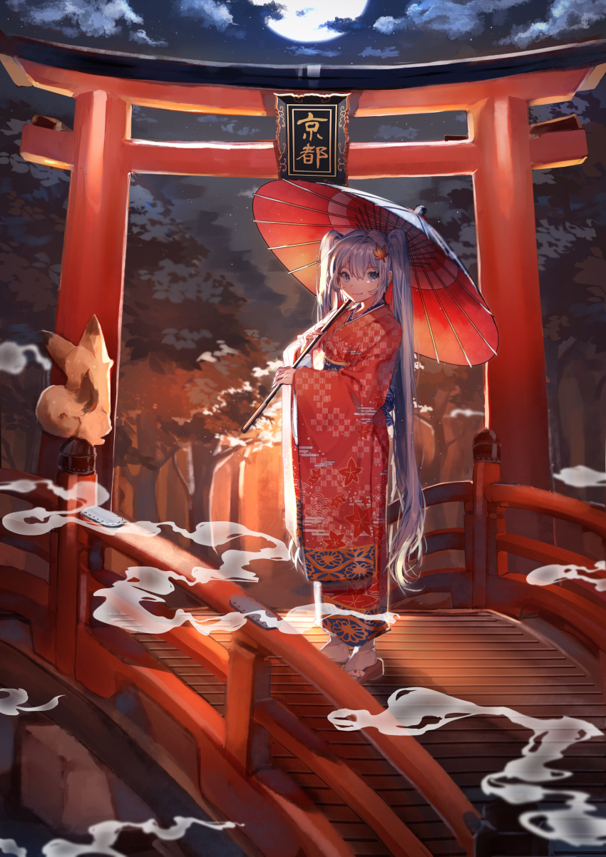 1girl absurdres blue_eyes blue_hair bridge checkered checkered_kimono clouds cloudy_sky commentary egasumi floral_print forest fox full_body full_moon geta hair_ornament hatachi8p hatsune_miku highres holding holding_umbrella japanese_clothes kimono kyoto leaf leaf_hair_ornament long_hair looking_at_viewer maple_leaf moon nature night night_sky oriental_umbrella plaque red_kimono sky smile socks standing torii translated twintails umbrella very_long_hair vocaloid
