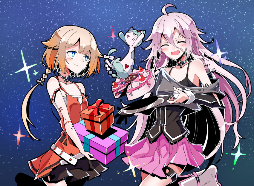 2girls ahoge animal black_shirt black_skirt blue_eyes blush boots box braided_ponytail cake cevio closed_eyes collar commentary cowboy_shot crop_top dress food fruit gift gift_box heart holding holding_box holding_gift holding_tray ia_(vocaloid) leg_up long_hair looking_at_another multiple_girls night night_sky one_(cevio) open_mouth pink_hair pink_skirt platinum_blonde_hair pleated_skirt red_dress shidoh279 shirt short_hair skirt sky smile spaghetti_strap sparkle star_(sky) starry_sky strawberry thigh_strap tray vocaloid