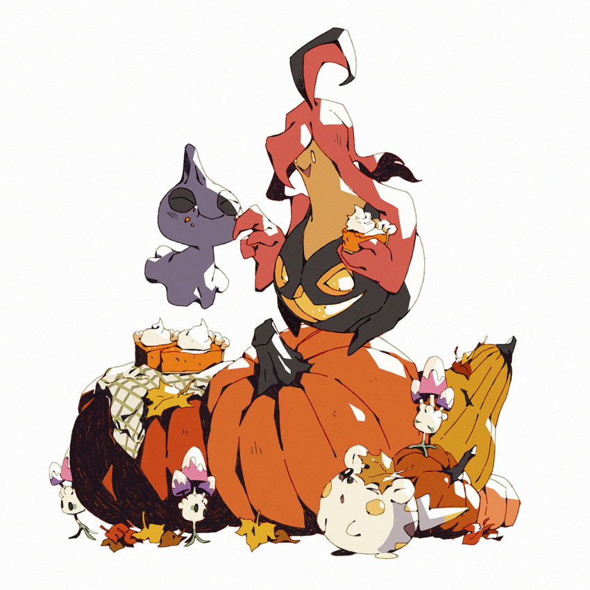 &gt;_o autumn_leaves bluekomadori closed_eyes closed_mouth commentary english_commentary food gen_3_pokemon gen_6_pokemon gen_7_pokemon gourgeist halloween highres leaf morelull no_humans one_eye_closed open_mouth pie pokemon pokemon_(creature) shuppet simple_background slice_of_pie smile togedemaru whipped_cream white_background