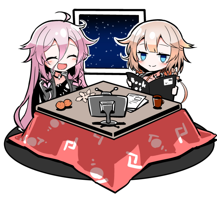 2girls ahoge black_shirt blue_eyes book braid braided_ponytail cevio chibi closed_eyes collar commentary cup food fruit holding holding_book ia_(vocaloid) kotatsu long_hair mandarin_orange monitor mug multiple_girls night night_sky one_(cevio) open_mouth orange_peel paper pink_hair platinum_blonde_hair shidoh279 shirt short_hair side_braid side_ponytail sitting sky smile star_(sky) starry_sky table vocaloid