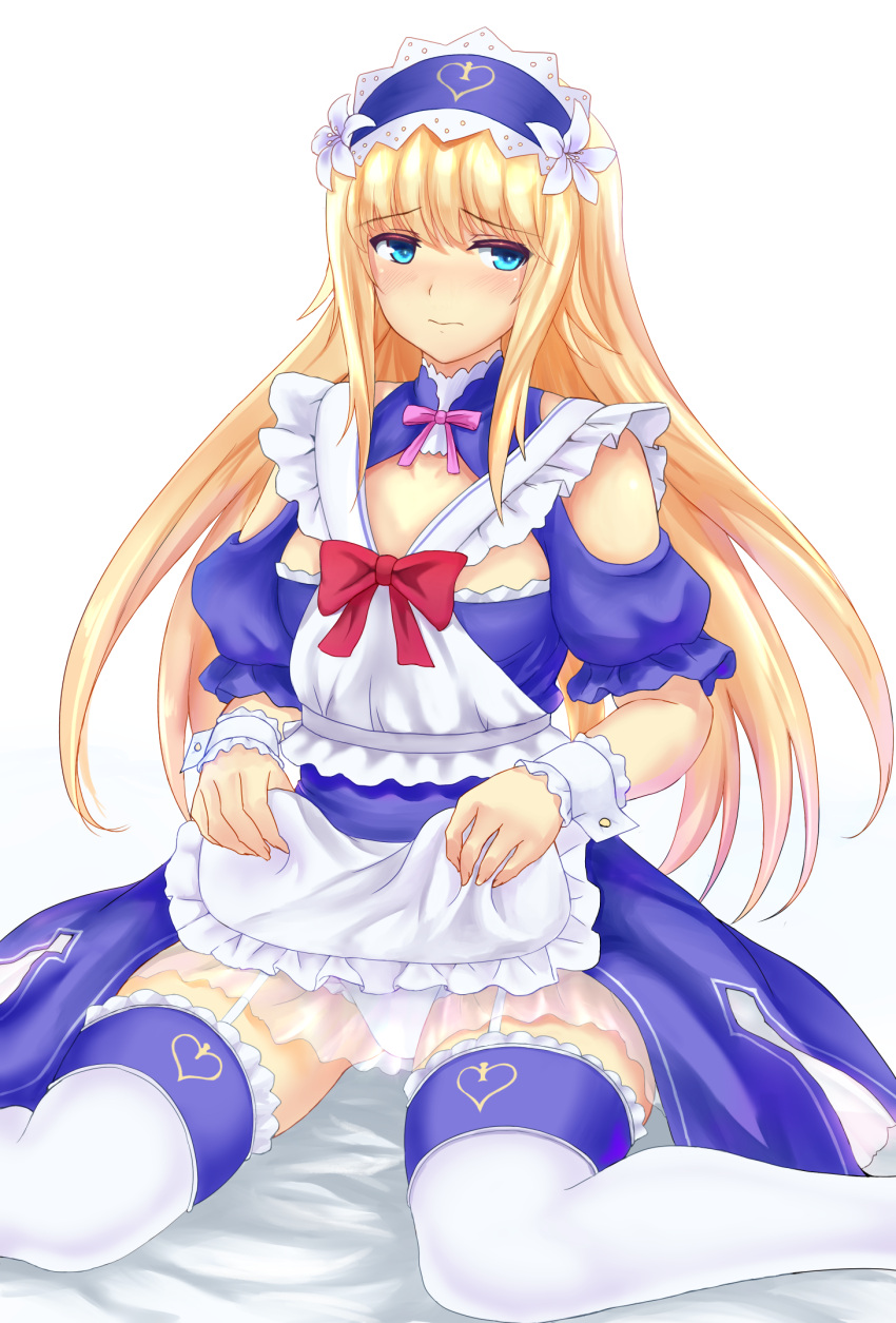 1boy apron blonde_hair blue_eyes chevalier_d'eon_(fate/grand_order) embarrassed eyebrows_visible_through_hair fate/grand_order fate_(series) flower garter_straps hair_flower hair_ornament hairband highres lifted_by_self long_hair looking_away maid_apron maid_dress maid_headdress otoko_no_ko shetake simple_background sitting thigh-highs very_long_hair weapon white_background white_legwear wrist_cuffs