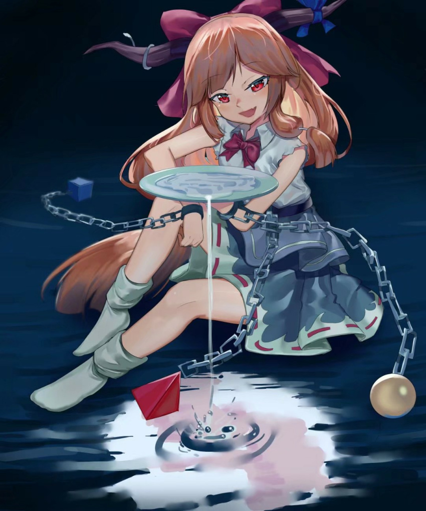 1girl aiza-ku alcohol arm_on_knee bangs bare_arms belt blue_background bow bowtie chain commentary cube cuffs cup eyebrows_visible_through_hair fang full_moon gradient gradient_background hair_bow head_tilt highres holding holding_cup horn_ribbon horns ibuki_suika in_water knee_up layered_skirt long_hair looking_at_viewer moon no_shoes open_mouth orange_hair pouring pyramid_(geometry) red_eyes red_neckwear reflection ribbon ripples sakazuki sake shackles shirt sidelocks sitting skin_fang sleeveless sleeveless_shirt socks solo sphere swept_bangs touhou very_long_hair white_legwear