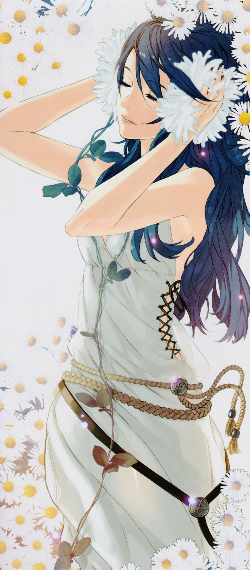 1girl absurdres bangs bare_shoulders blue_hair closed_eyes daisy dress eyelashes fire_emblem fire_emblem_awakening flower hands_on_own_head highres kozaki_yuusuke long_hair lucina lucina_(fire_emblem) official_art parted_lips plant rope solo swept_bangs vines white_dress