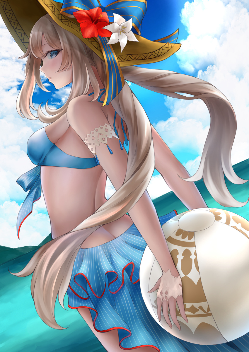 1girl absurdres ball beachball blonde_hair blue_sky blush breasts fate/grand_order fate_(series) flower from_side hat hat_flower highres long_hair looking_at_viewer marie_antoinette_(fate/grand_order) marie_antoinette_(swimsuit_caster)_(fate) numaguro_(tomokun0808) parted_lips sarong sideboob sky small_breasts solo straw_hat swimsuit very_long_hair