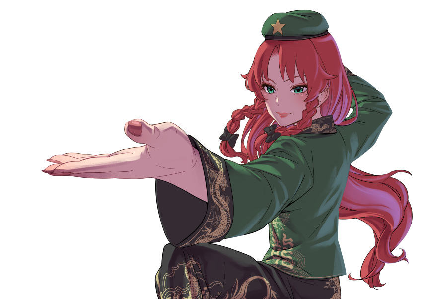 1girl absurdres alternate_costume bangs beret black_bow black_skirt blush bow chinese_clothes commentary_request dragon_print eyeshadow foreshortening green_eyes green_headwear green_shirt hair_bow hat highres hong_meiling kawayabug lipstick long_hair long_sleeves makeup nail_polish pink_lipstick red_nails redhead shirt simple_background skirt smile solo star touhou upper_body white_background