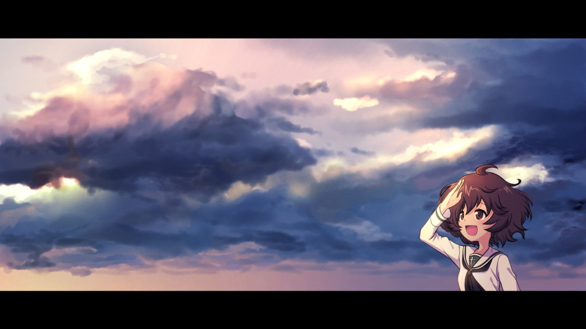 1girl :d akiyama_yukari bangs brown_eyes brown_hair clouds cloudy_sky commentary_request day excel_(shena) girls_und_panzer grey_sky highres letterboxed looking_to_the_side messy_hair open_mouth outdoors salute short_hair sky smile solo
