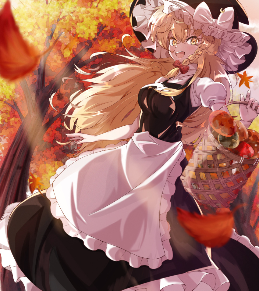 1girl apron autumn autumn_leaves bangs basket black_headwear black_skirt black_vest blonde_hair bow braid commentary_request dutch_angle falling_leaves forest frilled_hat frilled_skirt frills hair_bow hat hat_bow highres holding holding_basket kirisame_marisa leaf long_hair mot_(gnun2235) mushroom nature open_mouth puffy_short_sleeves puffy_sleeves shirt short_sleeves side_braid single_braid skirt solo teeth touhou tree upper_teeth very_long_hair vest white_apron white_bow white_shirt yellow_eyes