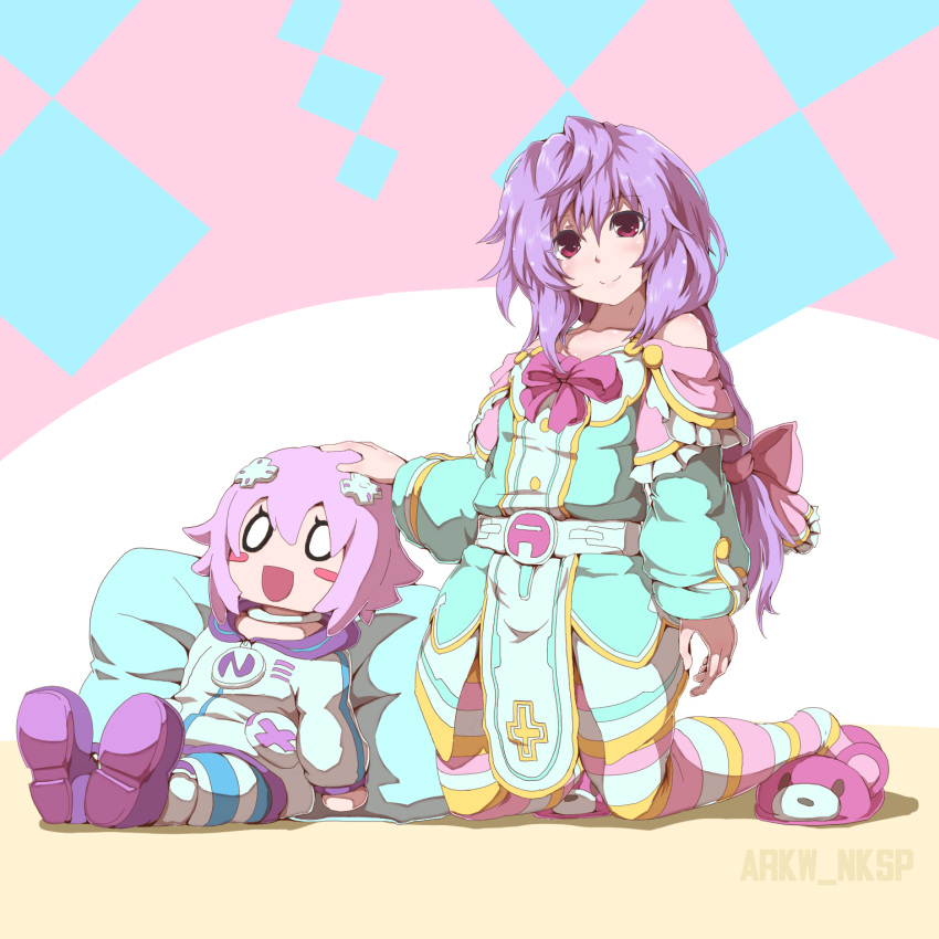 1girl bed bow braid character_doll crown495 hair_bow highres kneeling long_hair looking_at_viewer neptune_(neptune_series) neptune_(series) purple_hair pururut single_braid slippers smile solo striped striped_legwear thigh-highs very_long_hair violet_eyes