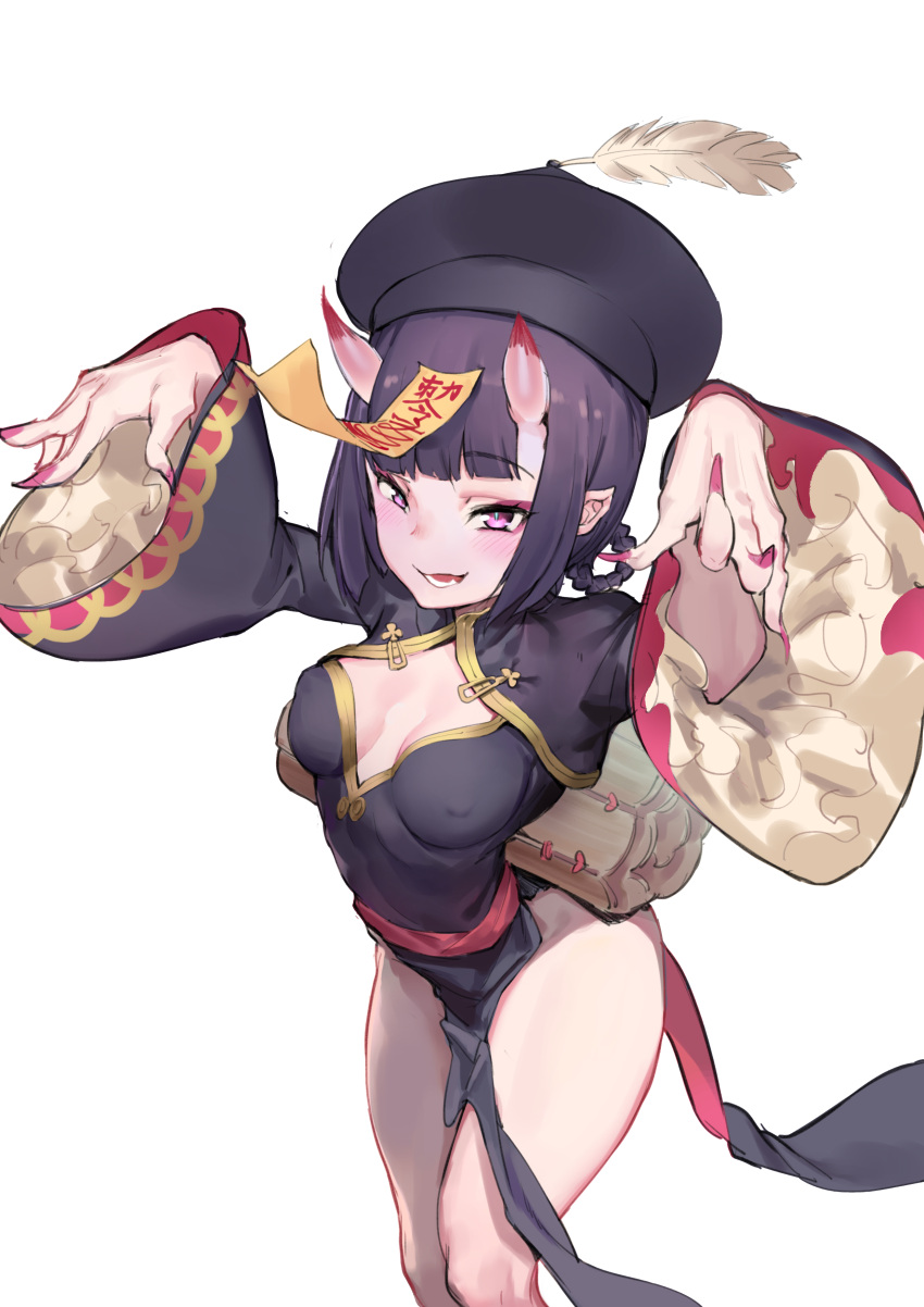 1girl absurdres atorosu bangs black_dress blush braid breasts china_dress chinese_clothes cleavage_cutout dress eyeliner fate/grand_order fate_(series) fingernails hair_rings hands_up hat heroic_spirit_festival_outfit highres horns jiangshi long_sleeves looking_at_viewer makeup ofuda oni oni_horns open_mouth outstretched_arms peacock_feathers pelvic_curtain pointy_ears purple_hair qing_guanmao sash sharp_fingernails short_eyebrows short_hair shuten_douji_(fate/grand_order) side_slit small_breasts smile solo thighs violet_eyes wide_sleeves zombie_pose