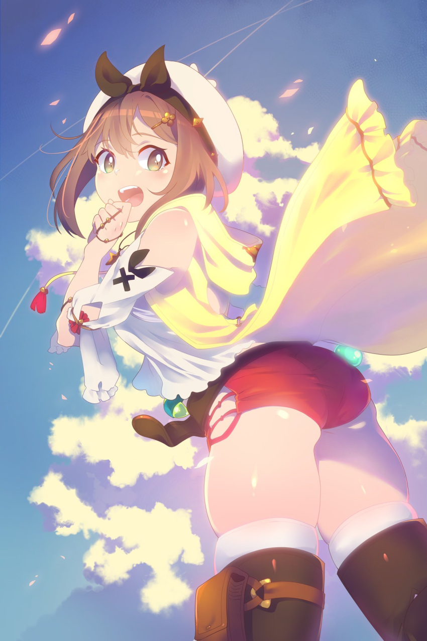 1girl :d atelier_(series) atelier_ryza black_bow blouse bow brown_eyes brown_hair brown_legwear clouds cowboy_shot goku-chan hat hat_bow highres looking_at_viewer open_mouth red_shorts reisalin_stout shiny shiny_skin short_hair short_shorts shorts sky smile solo standing thigh-highs thighs white_blouse white_headwear white_legwear yellow_hoodie