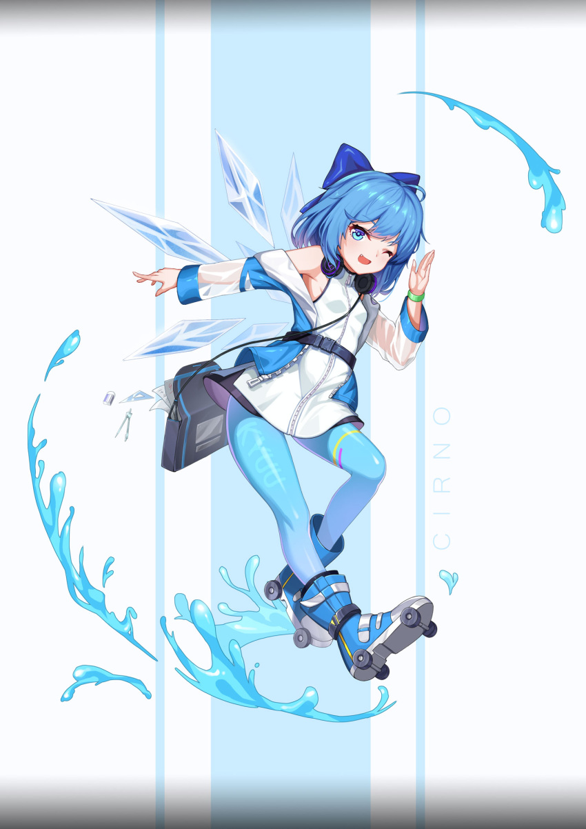 1girl ;d ahoge bag bangs bare_shoulders blue_bow blue_eyes blue_hair blue_jacket bow breasts caliper cirno commentary detached_wings dress english_commentary eraser eyebrows_visible_through_hair fang full_body hair_bow headphones headphones_around_neck highres ice ice_wings inline_skates jacket leggings long_sleeves looking_at_viewer mo_ying_yu off_shoulder one_eye_closed open_clothes open_jacket open_mouth outstretched_arm pantyhose paper roller_skates see-through set_square short_hair shoulder_bag skates small_breasts smile solo sweatband test touhou two-tone_background unzipped water white_dress wings zipper zipper_pull_tab