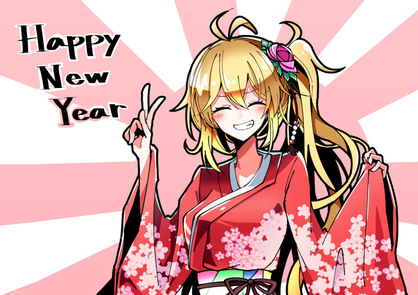 1girl ahoge beads blonde_hair blush closed_eyes commentary floral_print flower grin hair_beads hair_flower hair_ornament hand_up happy_new_year japanese_clothes kimono long_hair new_year ponytail red_kimono shidoh279 smile solo sun tsurumaki_maki upper_body v voiceroid wide_sleeves